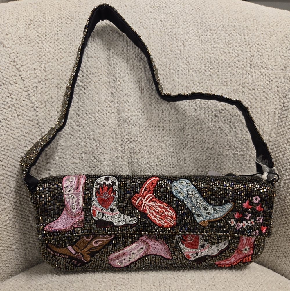 Beaded Embellished Western Boot Shoulder Bag in Black and Multicolor